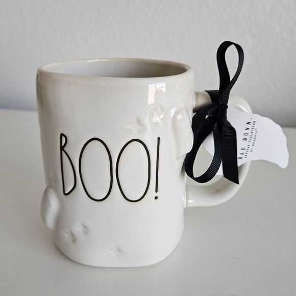 NEW Rae Dunn | 'BOO!' Ghost Stars 3D Ceramic Black Tea Mug Coffee Cup - Picture 1 of 5